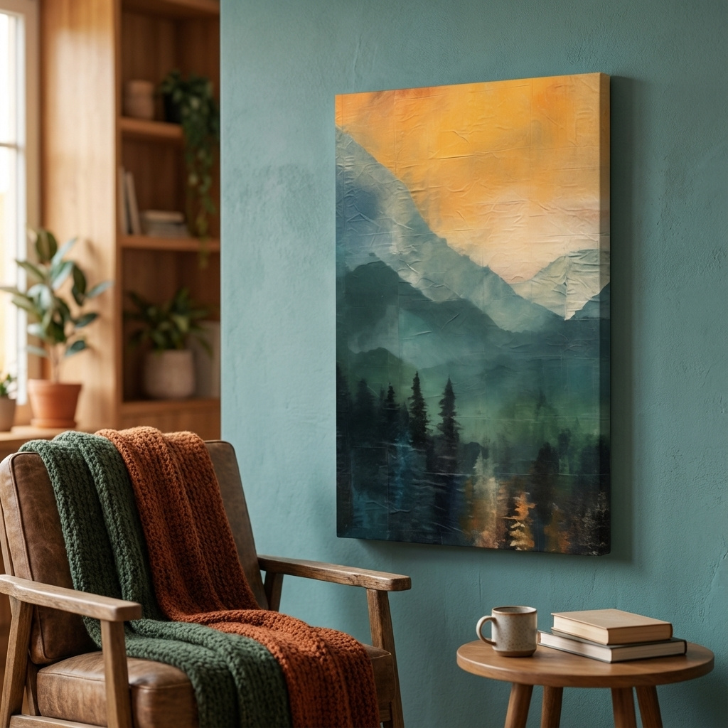Mockup of Rustic textured style art, mountains at sunset