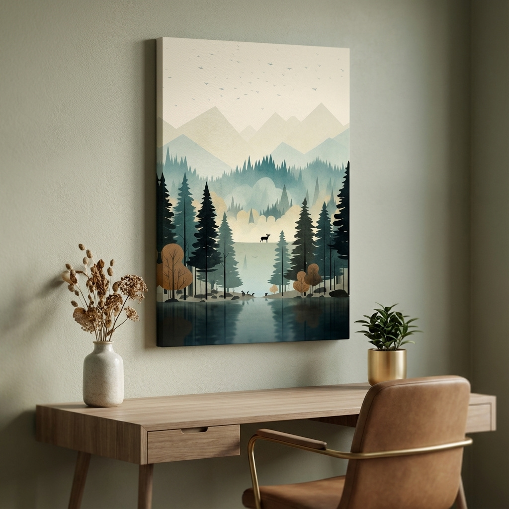 Mockup of Mountain illustration, silhouette of a deer in a peaceful forest