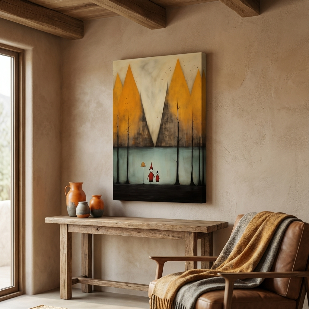 Mockup of Quirky painting of people by a lakeside mountain scene in fall, whimsical forest scene artwork