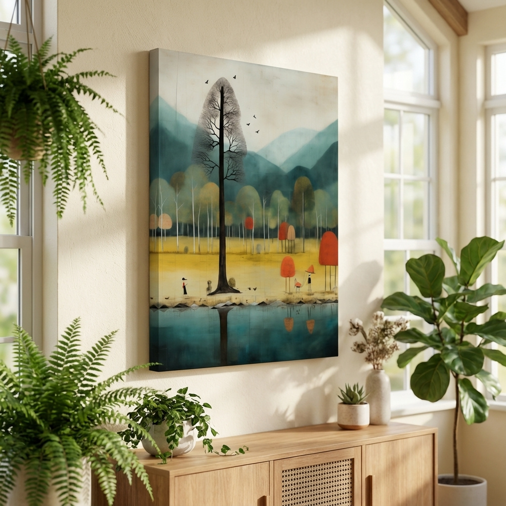 Mockup of Whimsical Autumn Forest Lake Landscape - Quirky Nature Wall Art