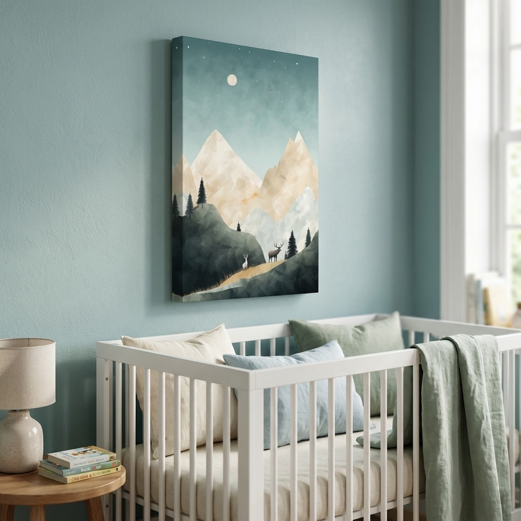 Mockup of Mountain Deer Landscape Illustration - Minimalist Alpine Forest Wildlife Wall Art