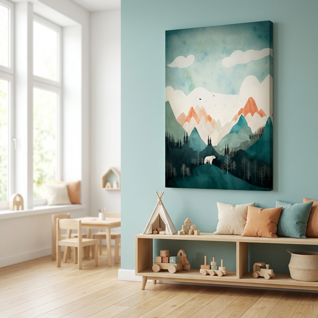 Mockup of Bear standing in the forest, textured minimal illustration