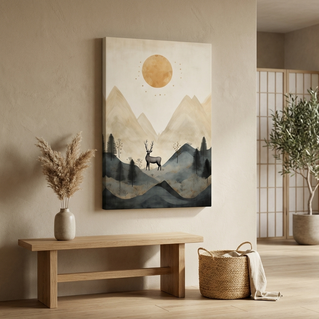 Mockup of Deer standing in the forest under the night sky, quirky illustration art