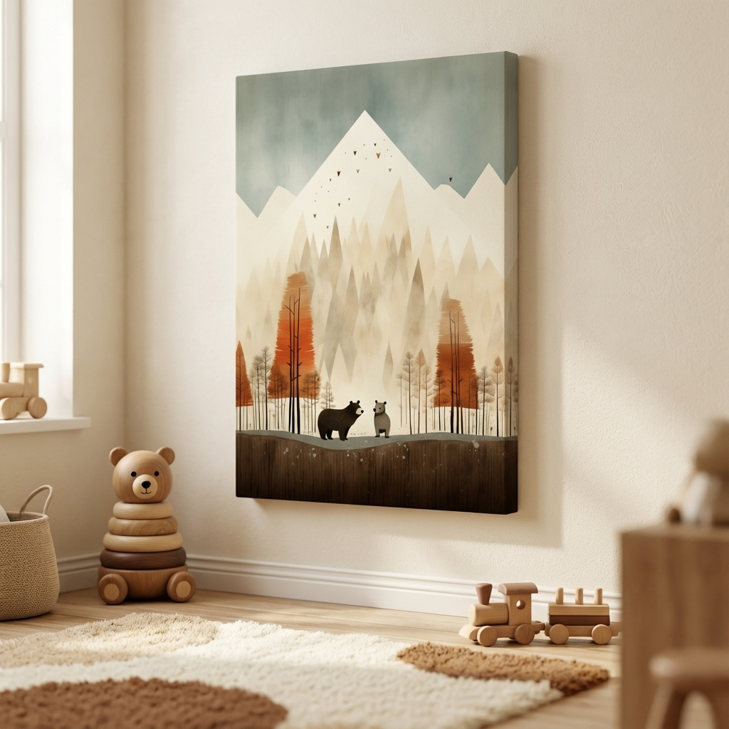 Mockup of Bears in the forest in autumn, quirky childrens art illustration