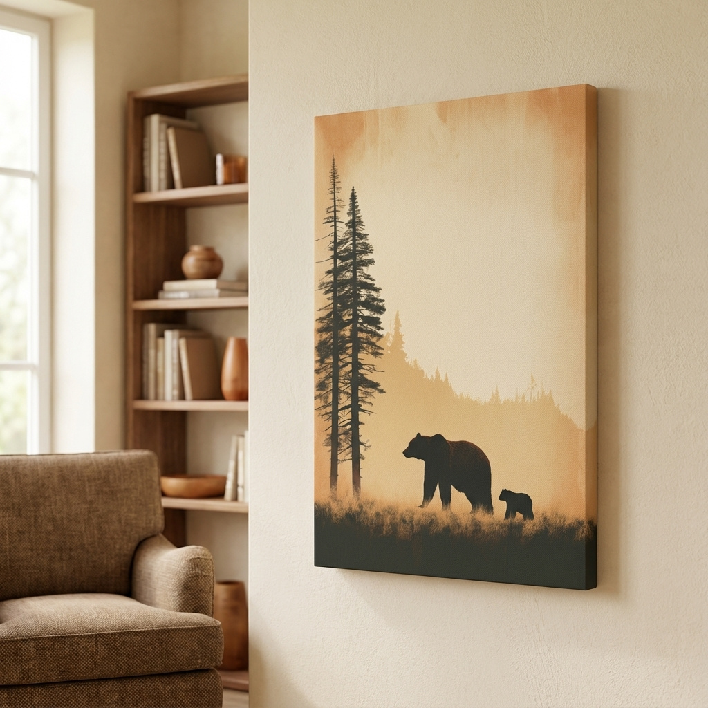 Mockup of Momma bear and her cub, minimal illustration artwork