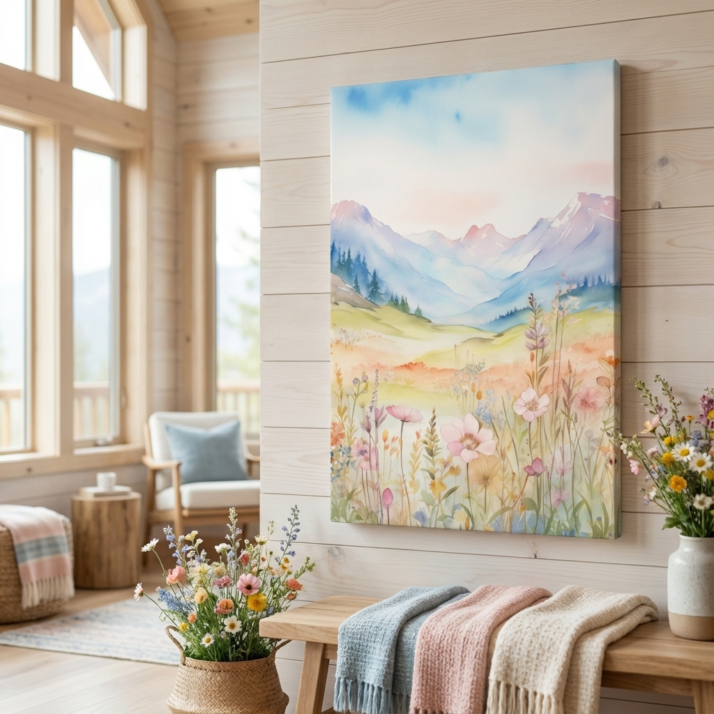Mockup of Watercolour painting of pastel flowers in the alpine meadows, floral artwork