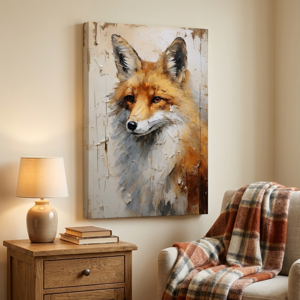 Mockup of Rustic impasto style painting of a fox on wood
