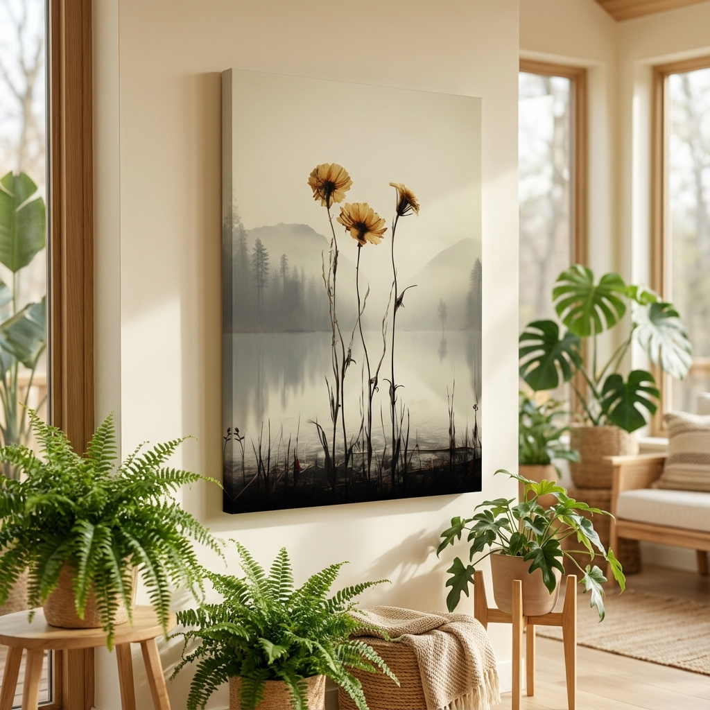 Mockup of Photographic illustration, flowers on the misty lake shore