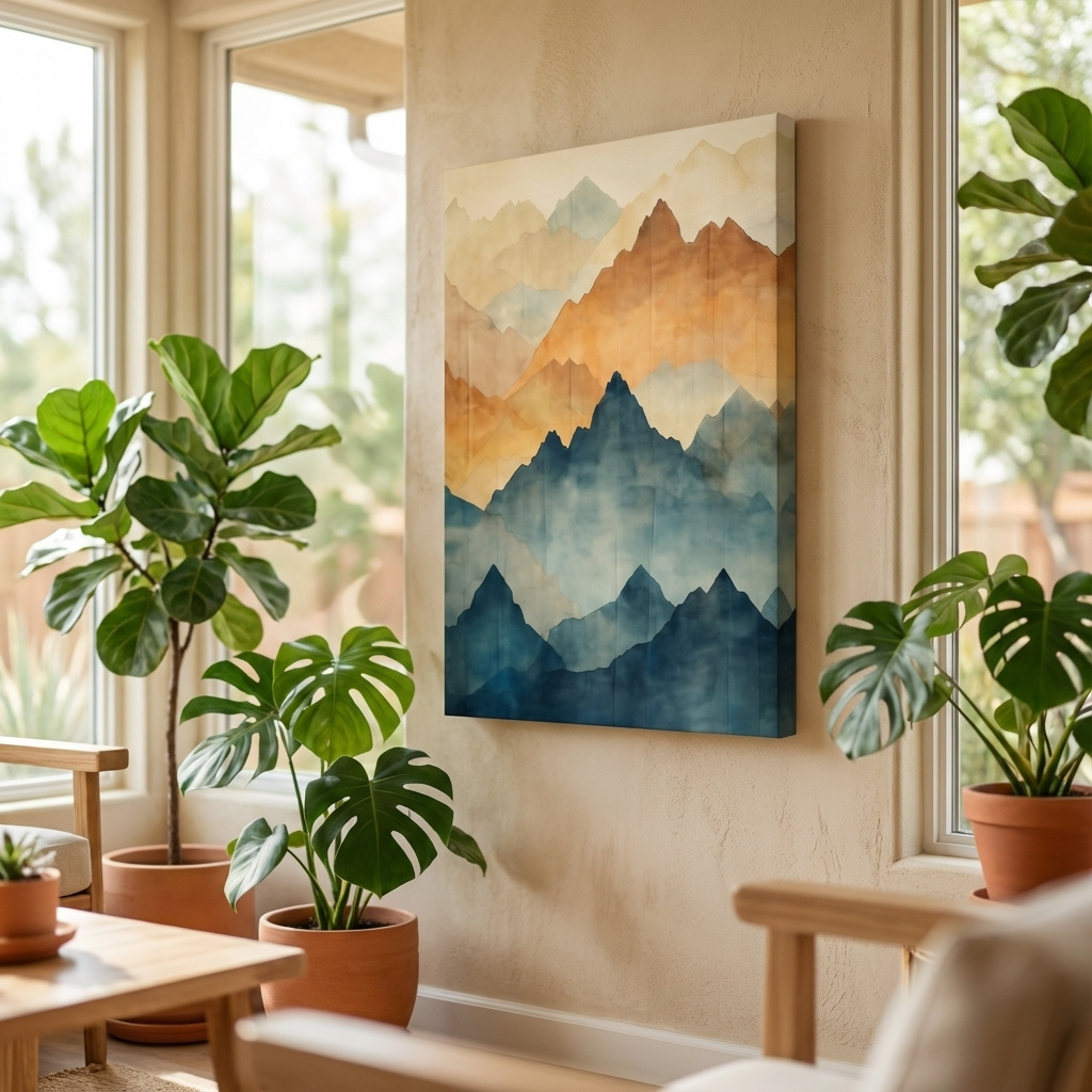 Mockup of Textured effect watercolour painting of mountain ridgelines in the fog