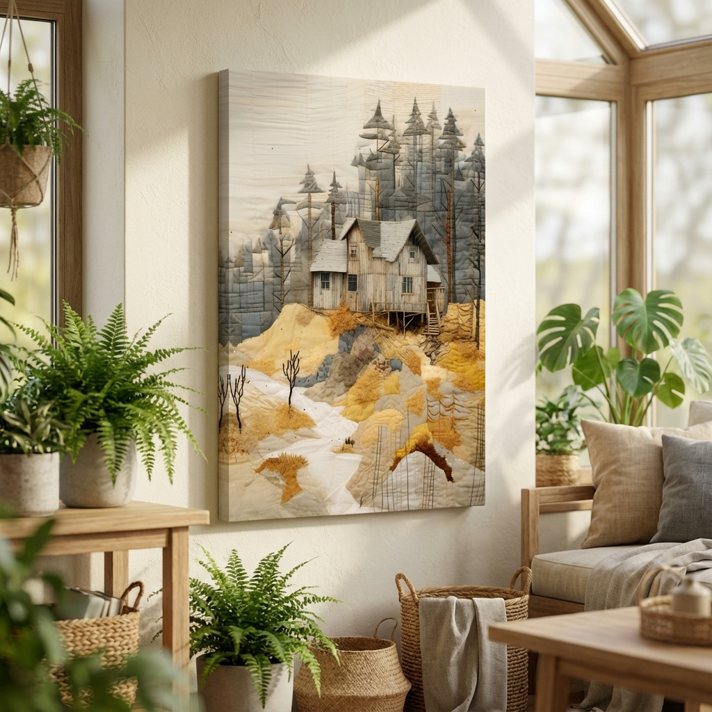 Mockup of Cabin in the forest, fabric patchwork style art print