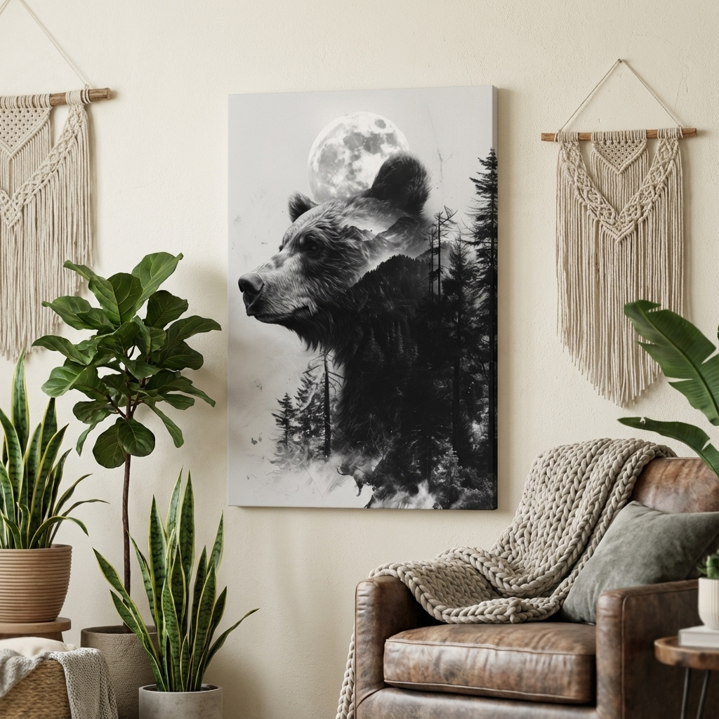 Mockup of Double exposure style drawing artwork of a bear, forest, glacier and moon