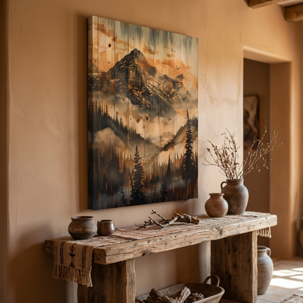 Mockup of Mountain range wall art, wood panel effect, rustic cabin art, wood burning style