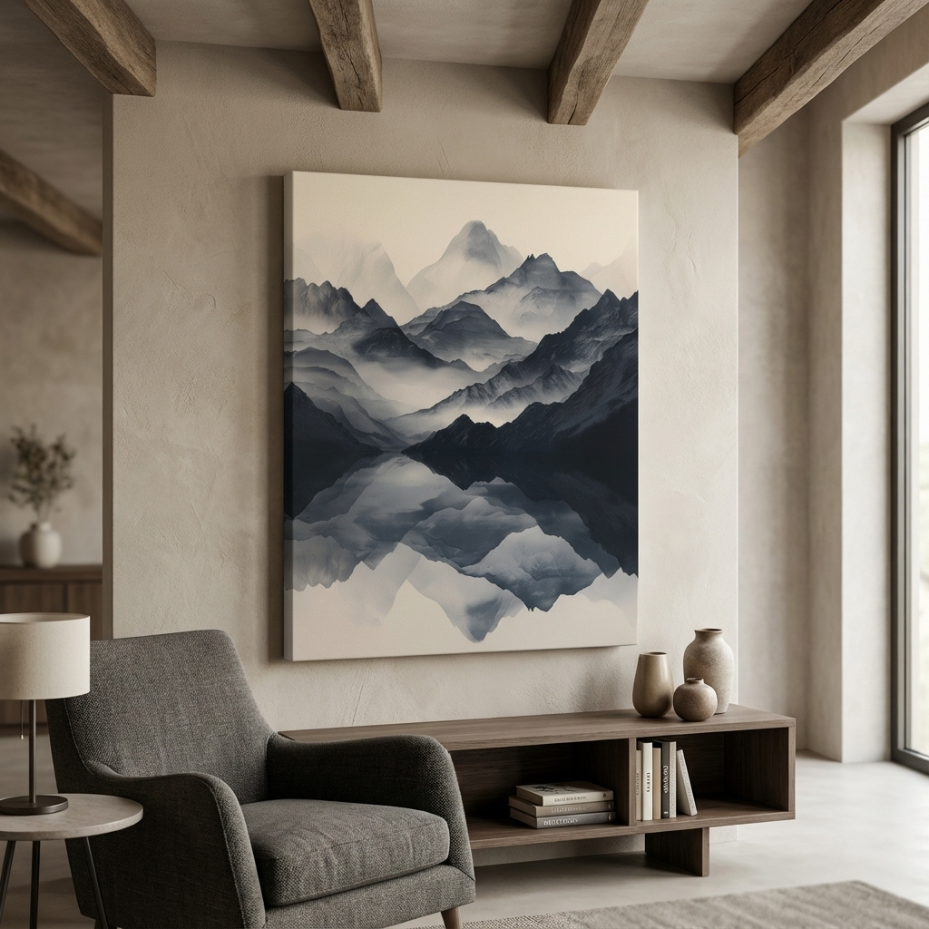 Mockup of Japandi style mountain artwork, reflective mountain ranges