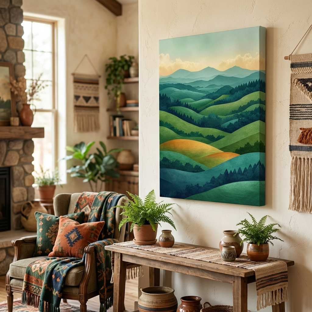 Mockup of Layered Emerald Rolling Hills Landscape - Serene Scandinavian Nature Wall Art