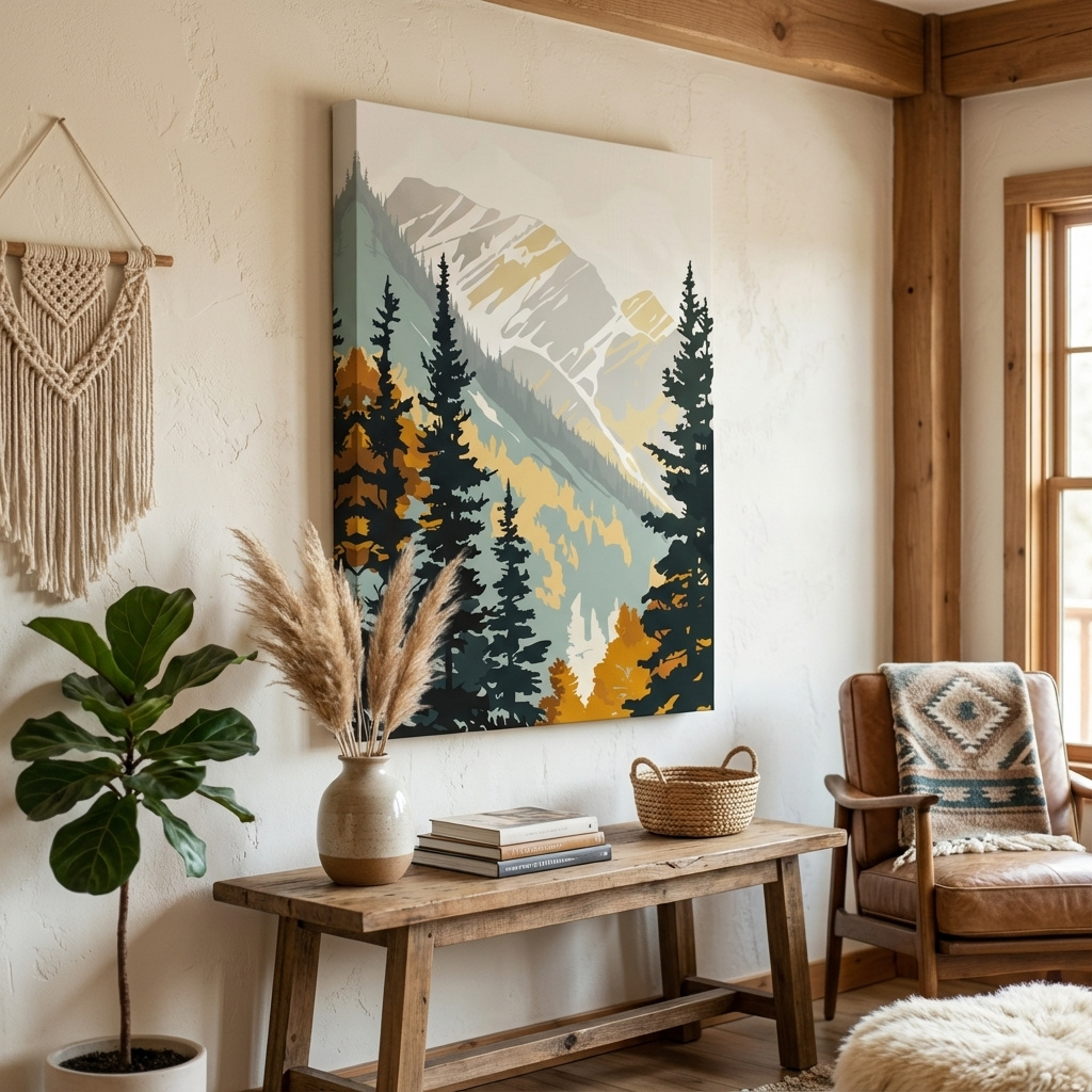 Mockup of Scandinavian style minimal artwork, mountains through the forest