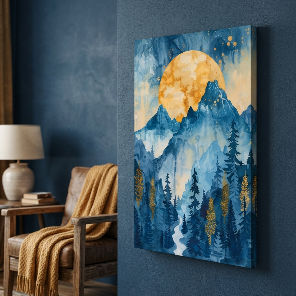 Mockup of Abstract watercolour mountain painting at sunset
