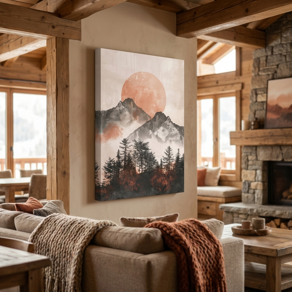 Mockup of Japandi style boho wall art, sunset over an alpine forest, mountains & trees
