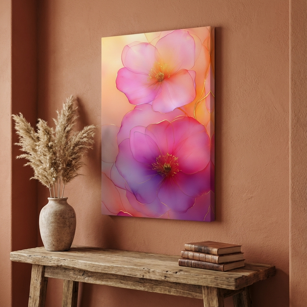 Mockup of Ethereal Pink Watercolor Blossoms With Gold Accents - Floral Botanical Wall Art
