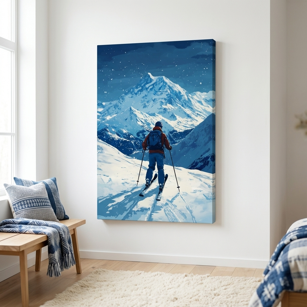 Mockup of Alpine Skier In Snowy Mountain Peaks - Winter Adventure Landscape Wall Art