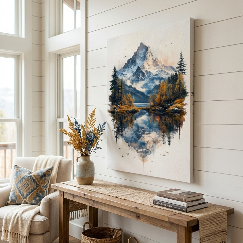 Mockup of Misty Alpine Mountain Lake Painting - Autumn Pine Forest Tattoo Style Wall Art