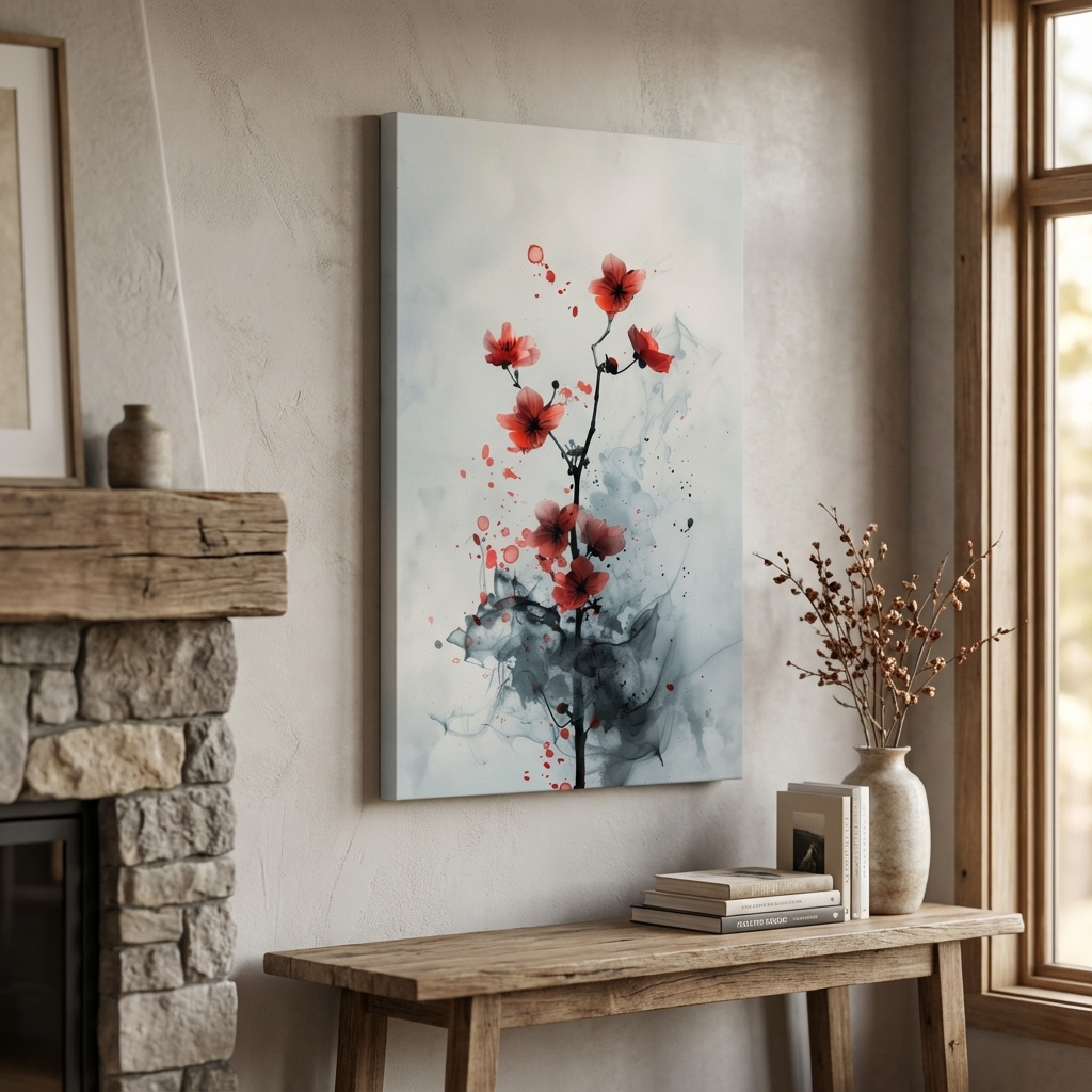 Mockup of Red Cherry Blossom Ink Wash Painting - Minimalist Floral Wall Art