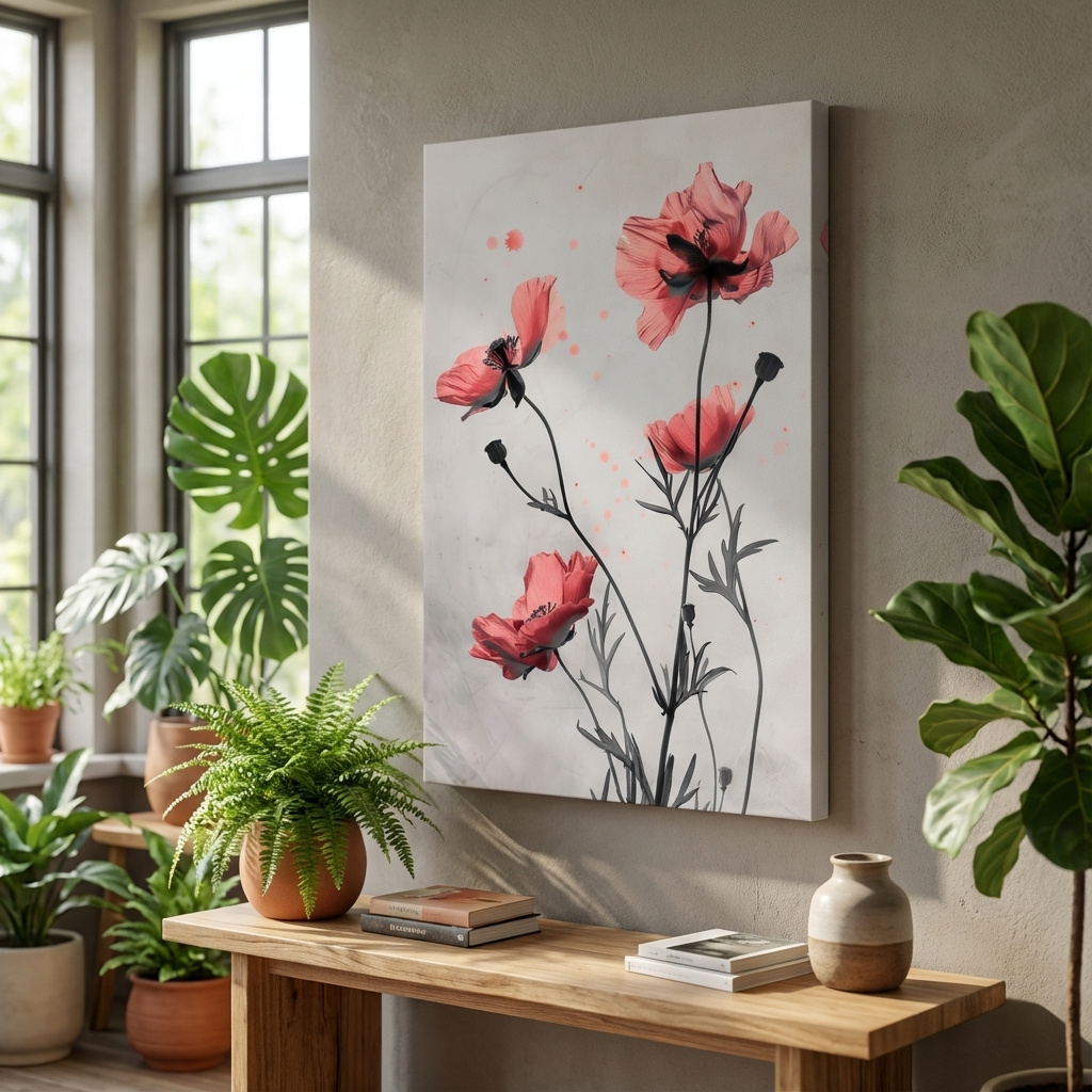 Mockup of Poppy Flowers Watercolor Illustration - Minimalist Botanical Wall Art