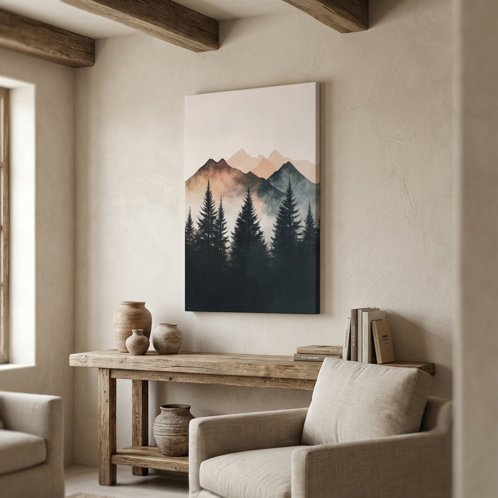 Mockup of Foggy alpine forest watercolor painting, mountain art