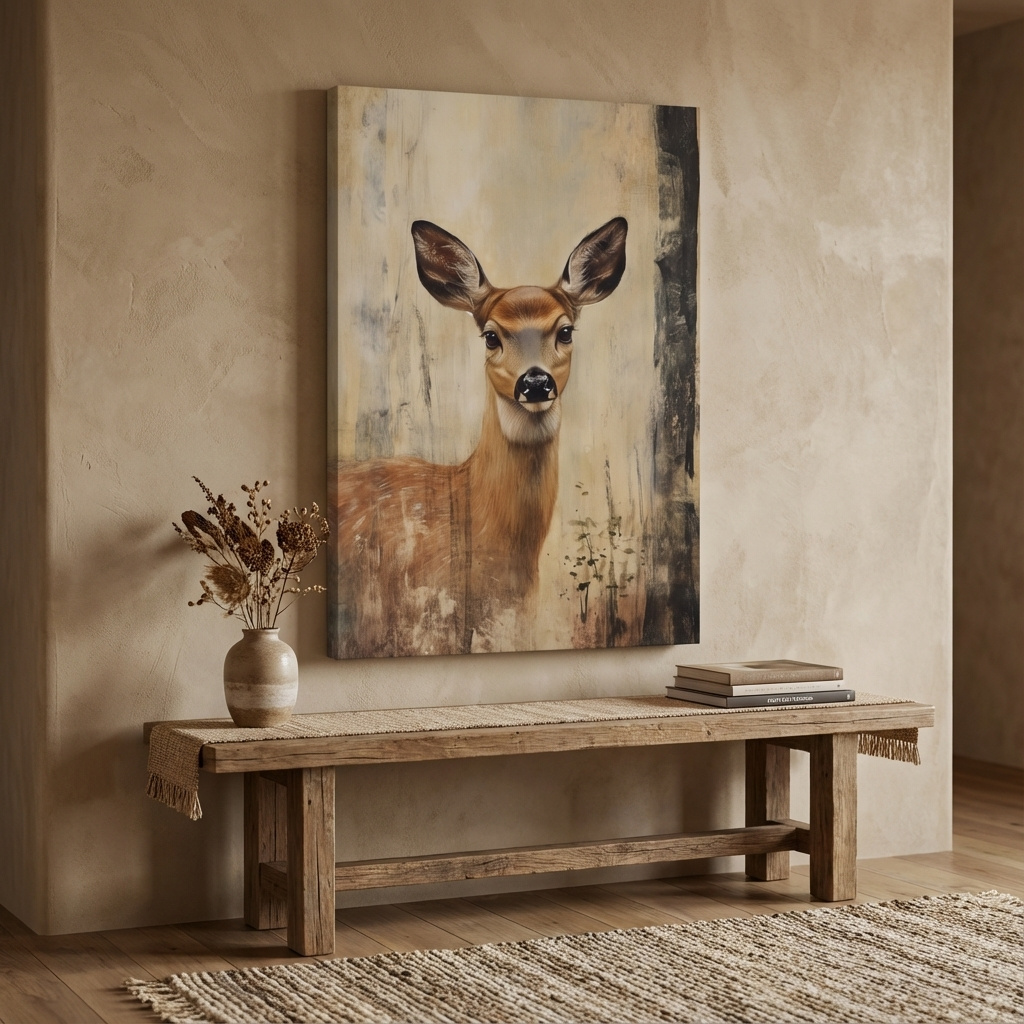 Mockup of Rustic Whitetail Fawn Portrait Painting - Woodland Wildlife Wall Art