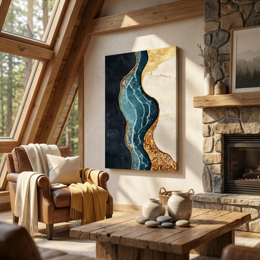 Mockup of Fluid elegant artwork, blue marble river flowing through textured earth tones