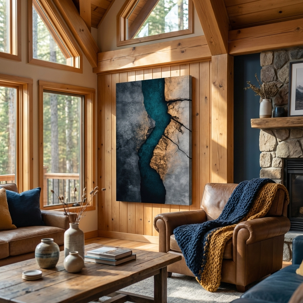 Mockup of Cracked stone and turquoise abstract wall art, natural geological textured artwork