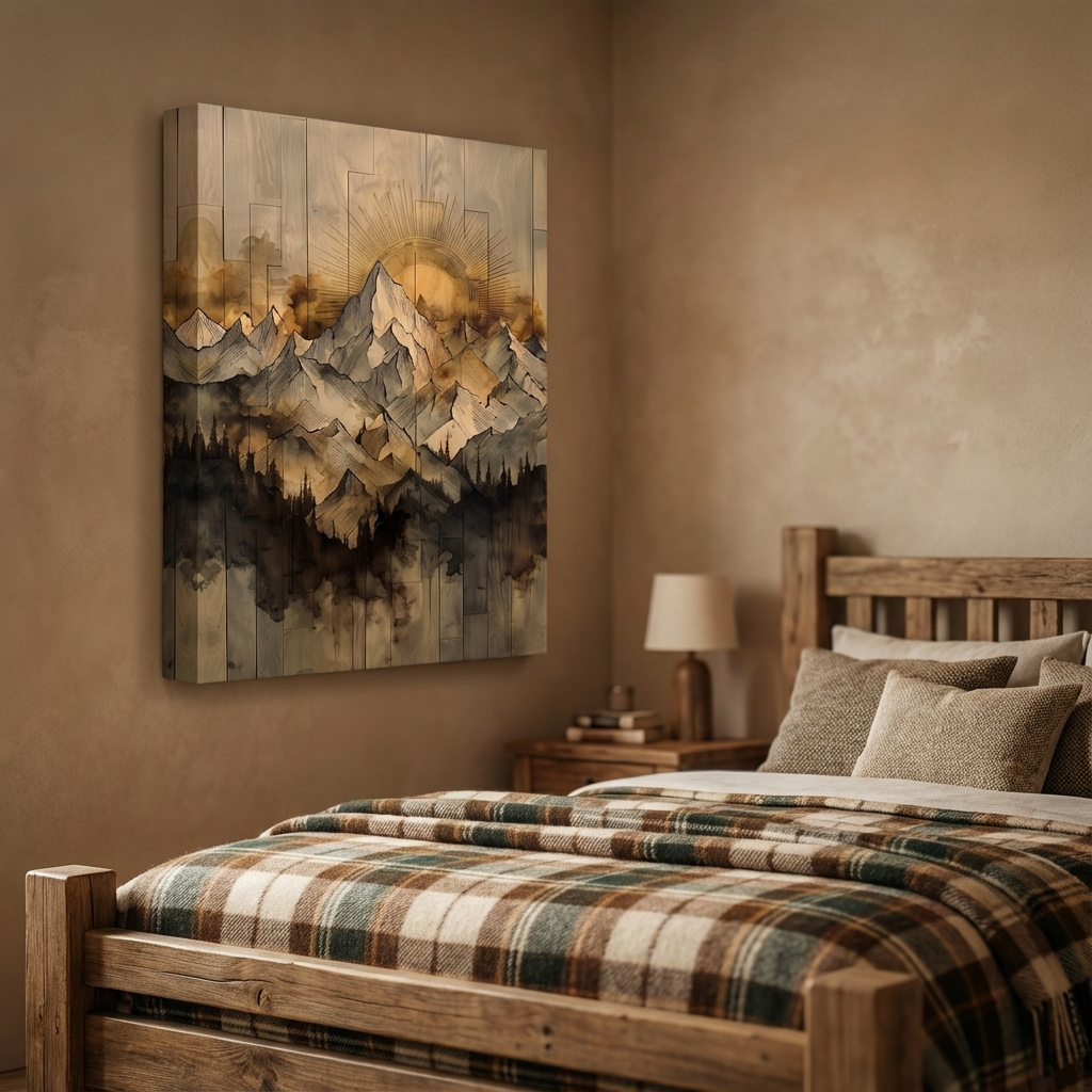 Mockup of Rustic mountain peak artwork, sunlit layered wooden panel texture effect