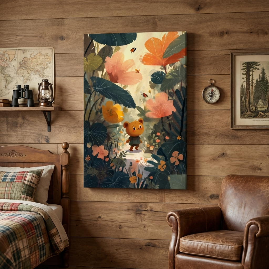 Mockup of Cute bear in lush forest, whimsical children's wall art
