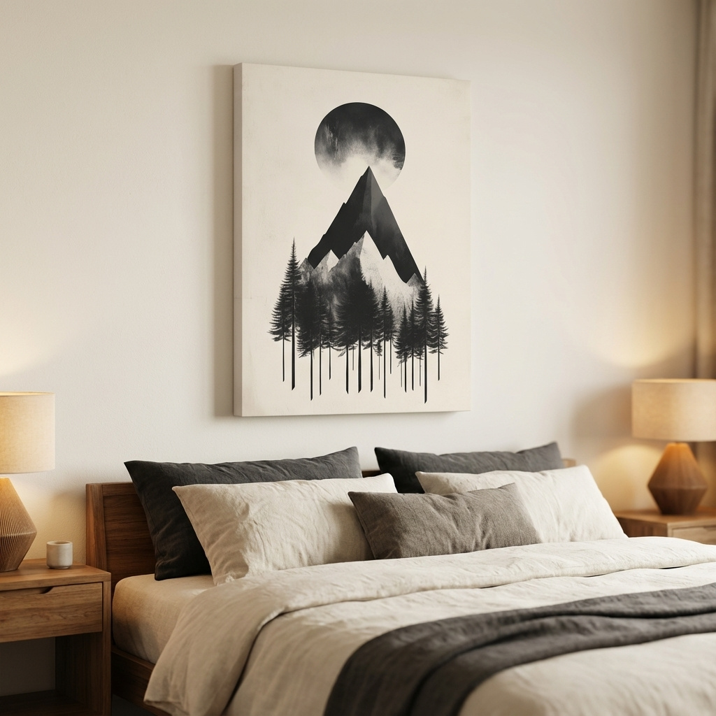 Mockup of Mystical mountain and forest artwork, monochrome abstract wall art with large moon