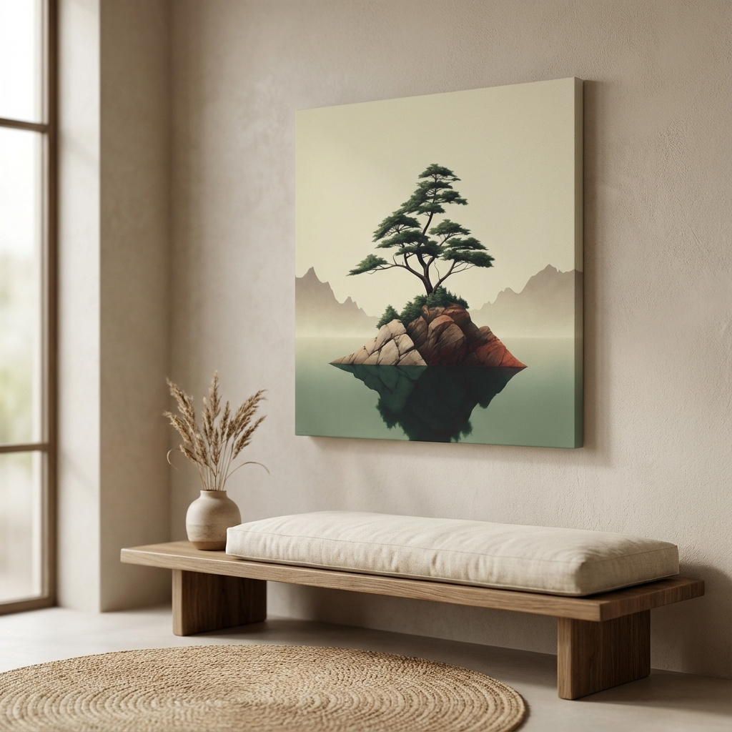 Mockup of Minimalist Bonsai Pine On Rocky Islet - Japanese Zen Landscape Wall Art