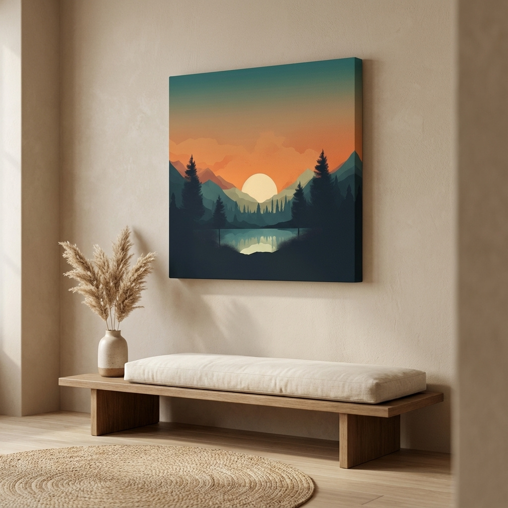 Mockup of Minimal sunset mountain lake artwork, serene landscape with reflections