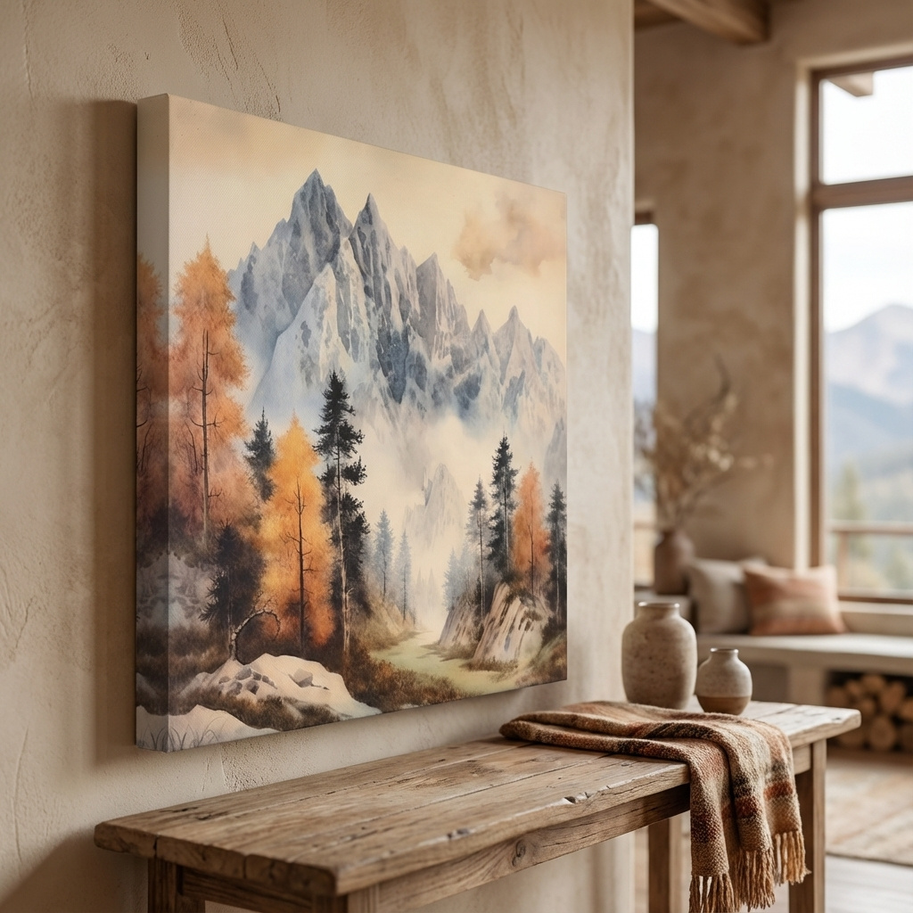 Mockup of Watercolor Alpine Mountains With Autumn Pines - Serene Wall Art