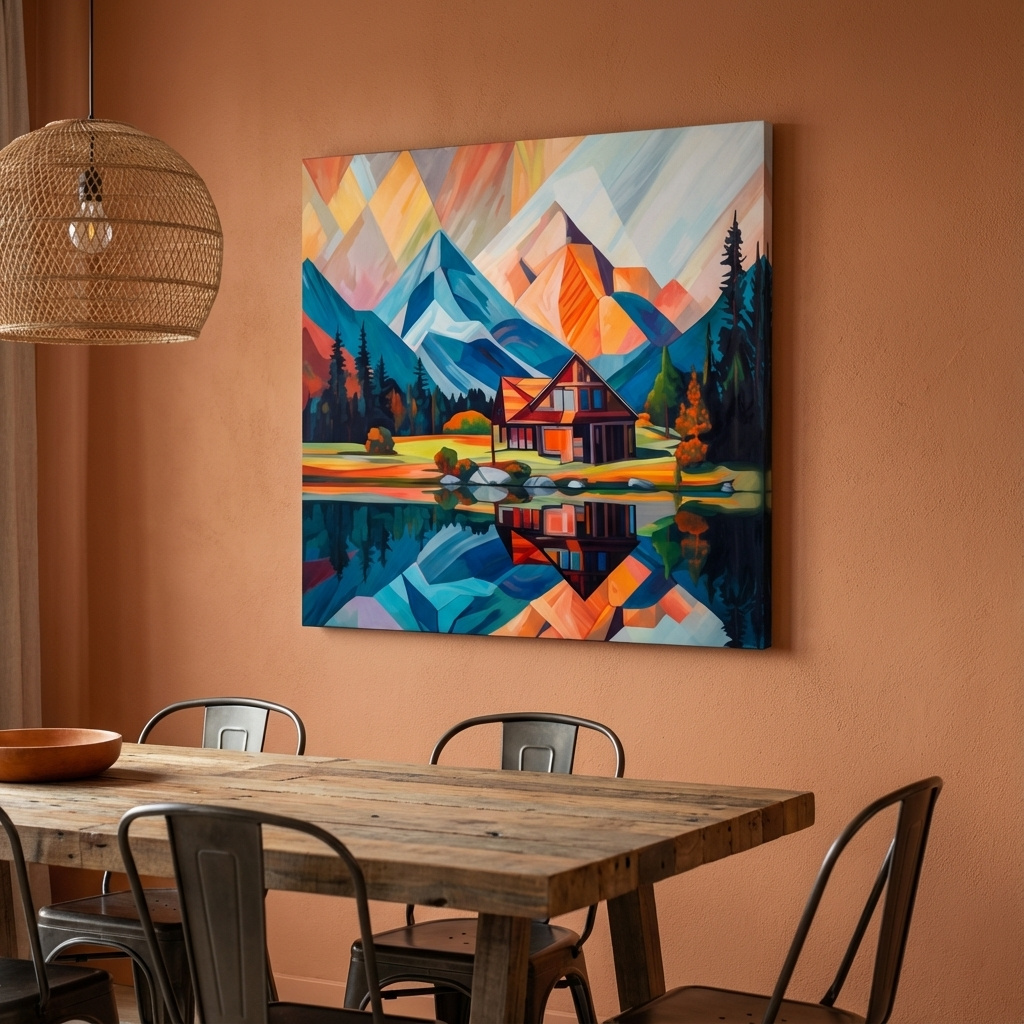 Mockup of Abstract painting of a cabin by a lake at sunrise