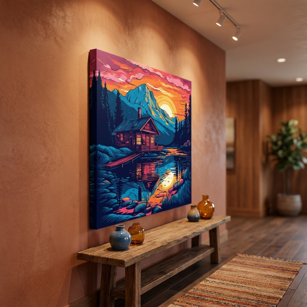 Mockup of Illustration of a cabin by a lake at sunset