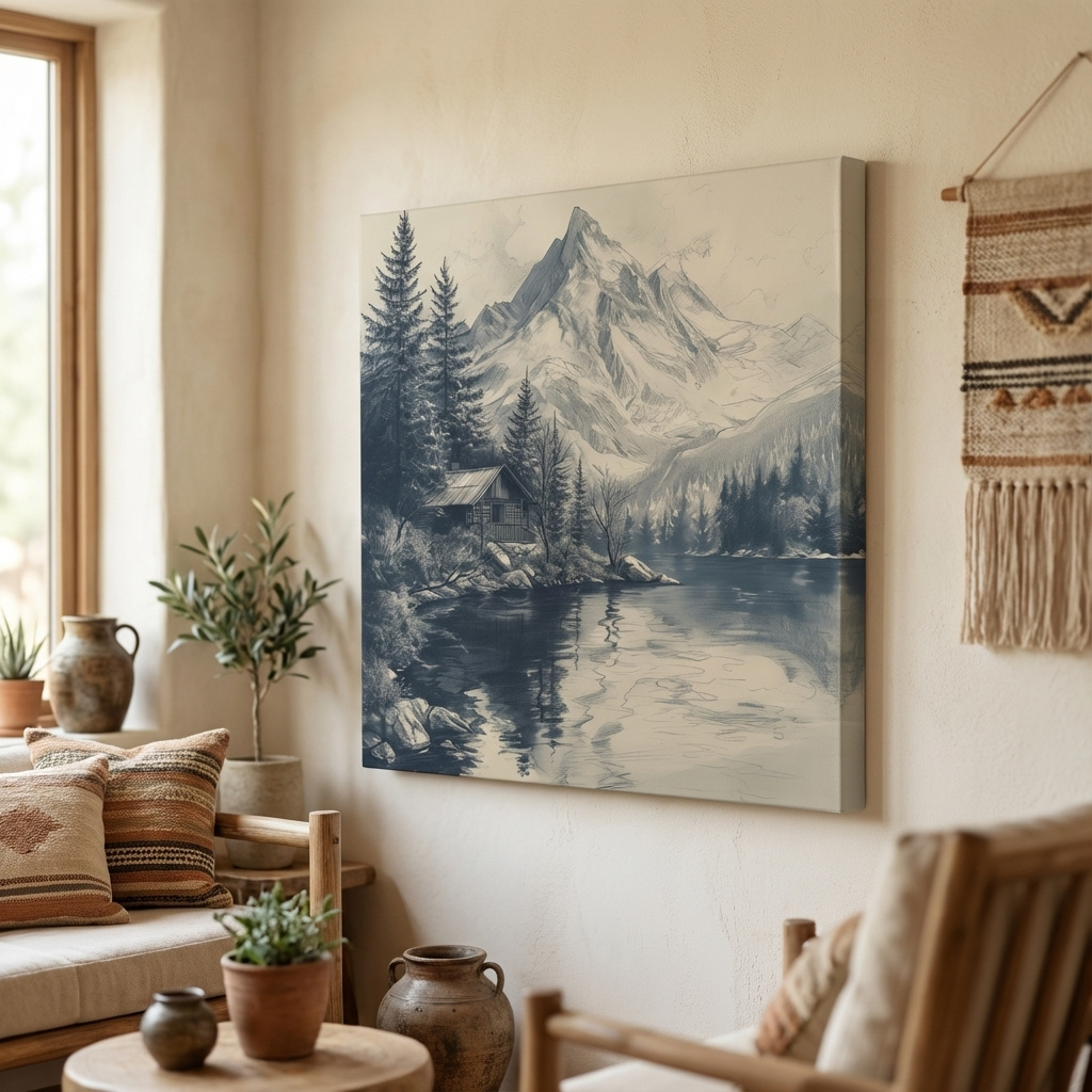 Mockup of Lead pencil drawing of a cabin by an alpine lake