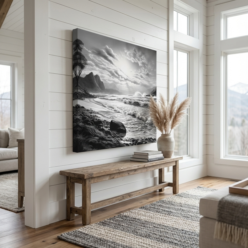 Mockup of Black And White Ocean Waves Photography - Dramatic Coastal Landscape Wall Art