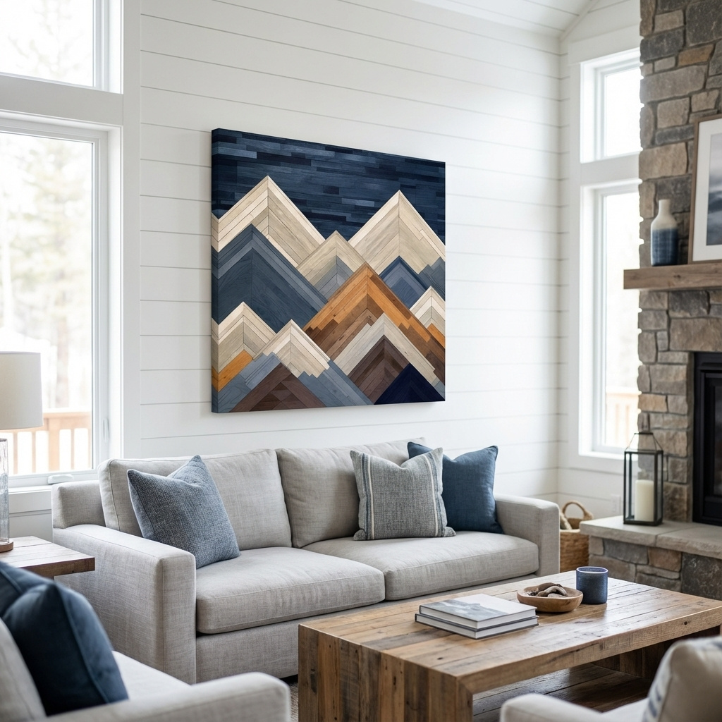 Mockup of Wooden panel art, mountain ranges made from wood print