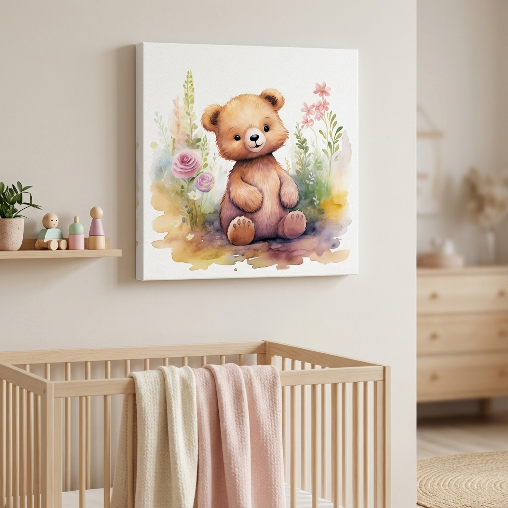 Mockup of Nursery art, watercolor painting of a cute baby bear