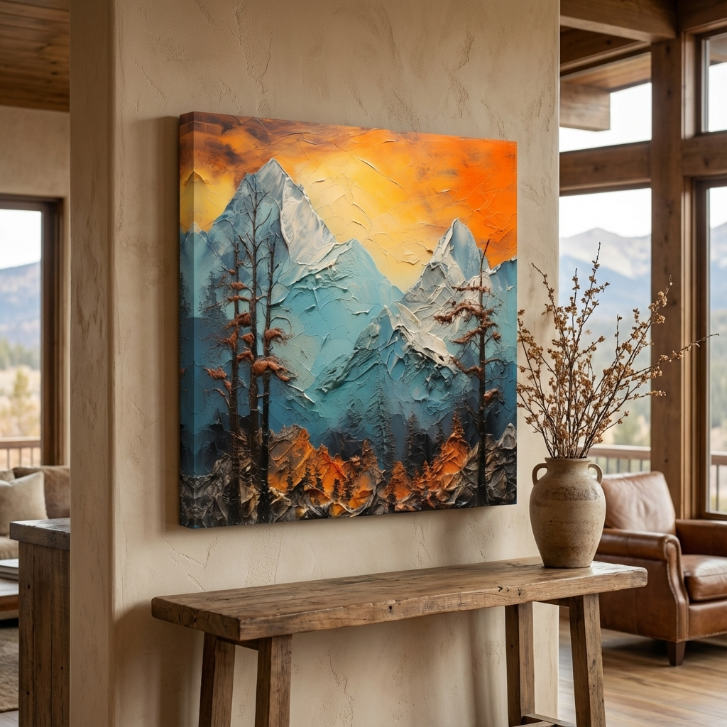 Mockup of Mountains at sunset, thick impasto textured oil painting print