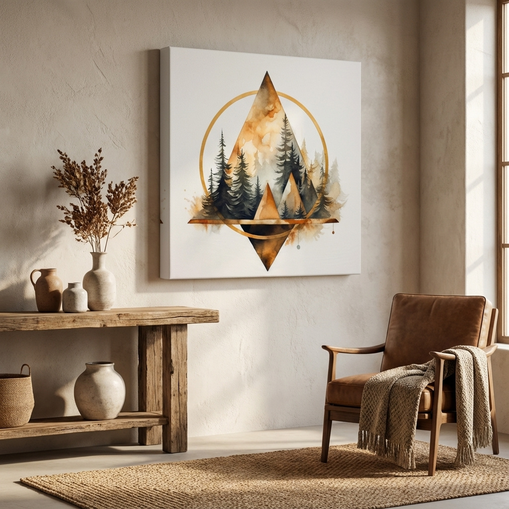 Mockup of Minimal watercolour tree art, elegant geometric shapes, circular, triangles