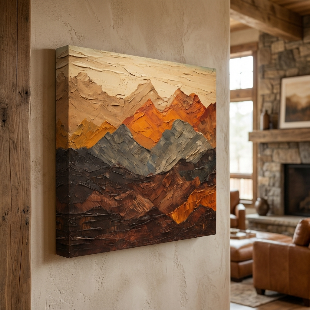 Mockup of Textured impasto painting of earthy coloured mountains