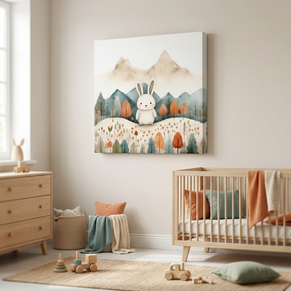 Mockup of Cute happy bunny in the mountains, childrens storybook illustration art 