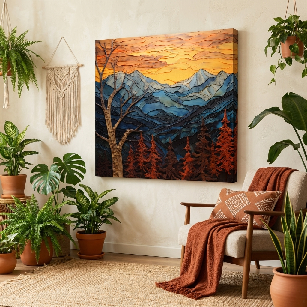 Mockup of Alpine mountain sunset, layered mixed media style artwork