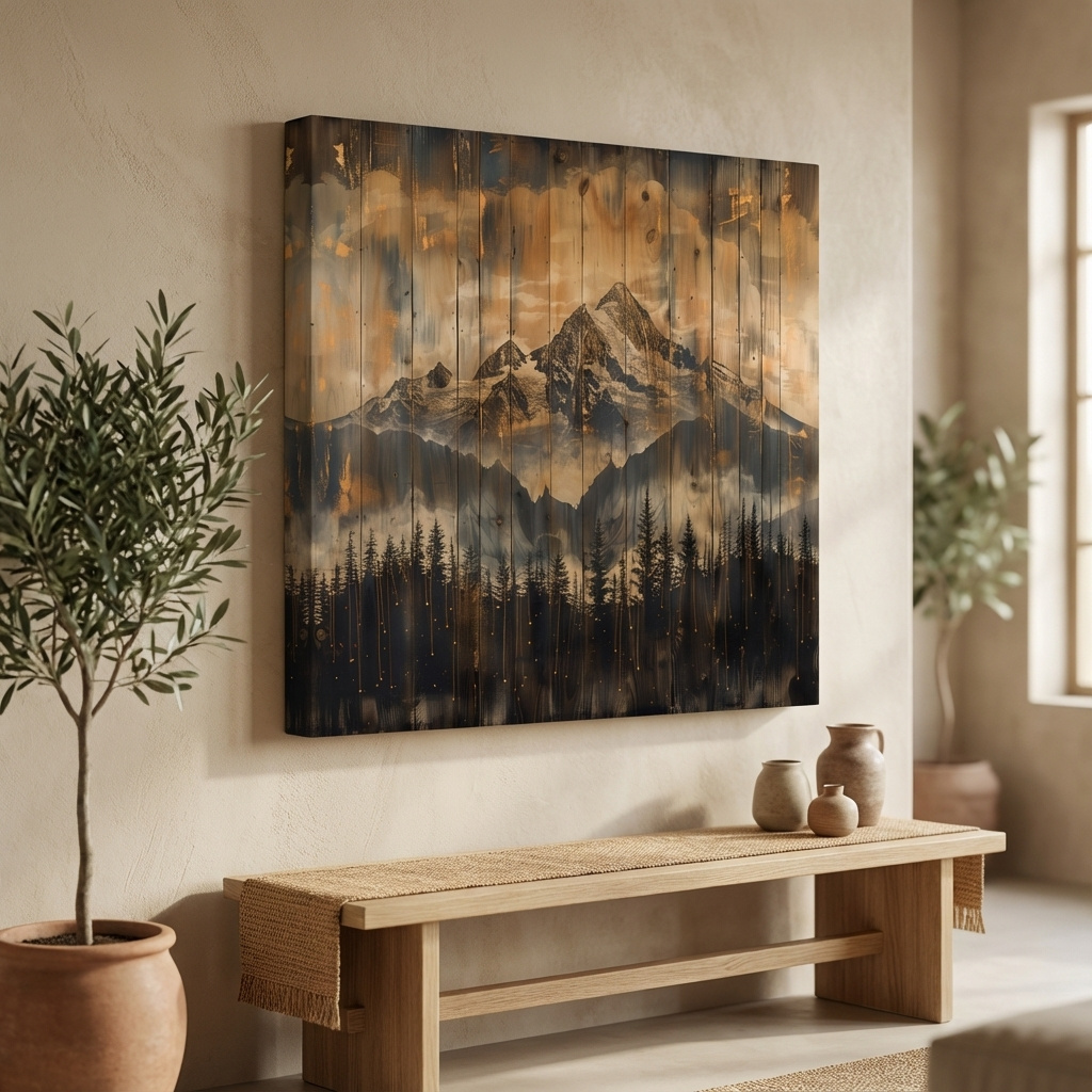 Mockup of Mountain range cabin art, rustic wood burning effect, wooden panel style