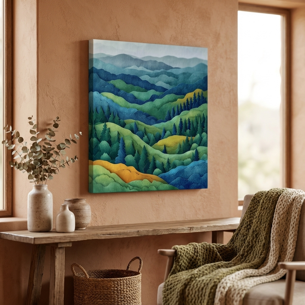 Mockup of 3d layered paper quilling effect artwork, rolling hills and forest