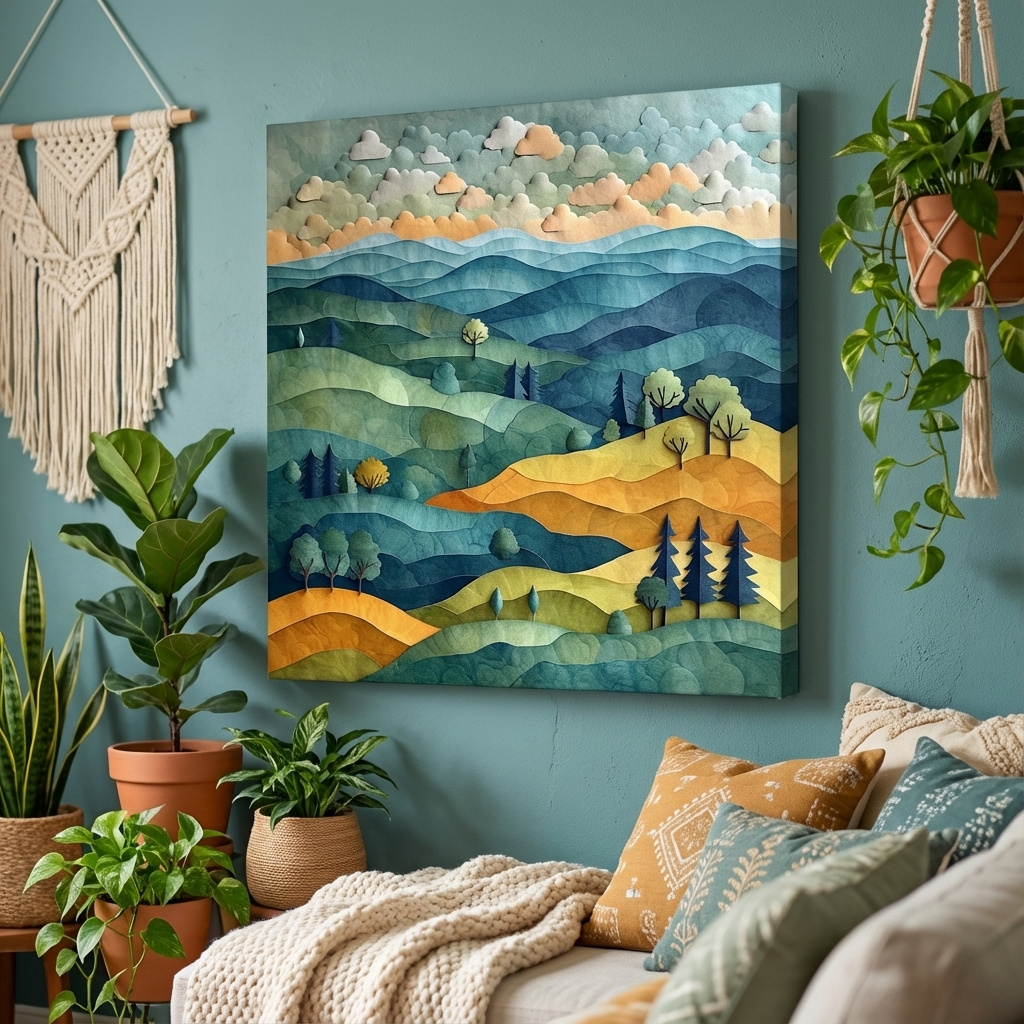 Mockup of Happy hillside scene, 3d layered paper quilling cutout effect